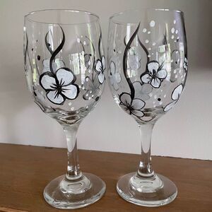 Set of 2 Hand Painted Floral Wine Glasses